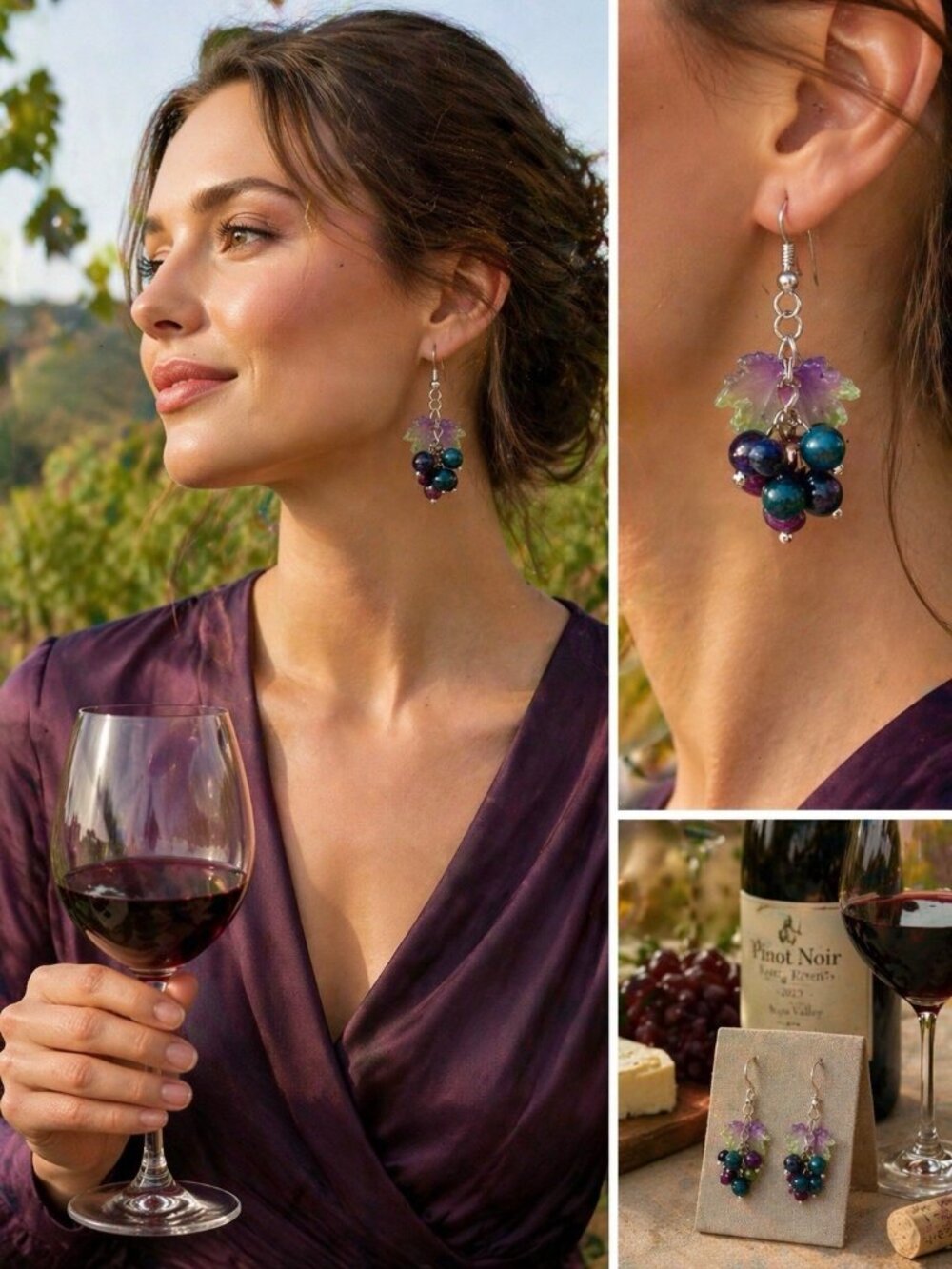 REIMAGINED Vineyard Grape Earrings Dyed Agate 925 Silver Hooks Dangle 2” - Picture 2 of 7